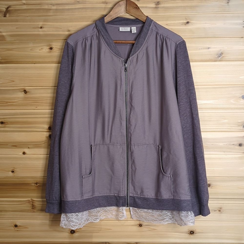LOGO Lori Goldstein Womens Jackets 28W Purple Lightweight Jacket Lace Trim